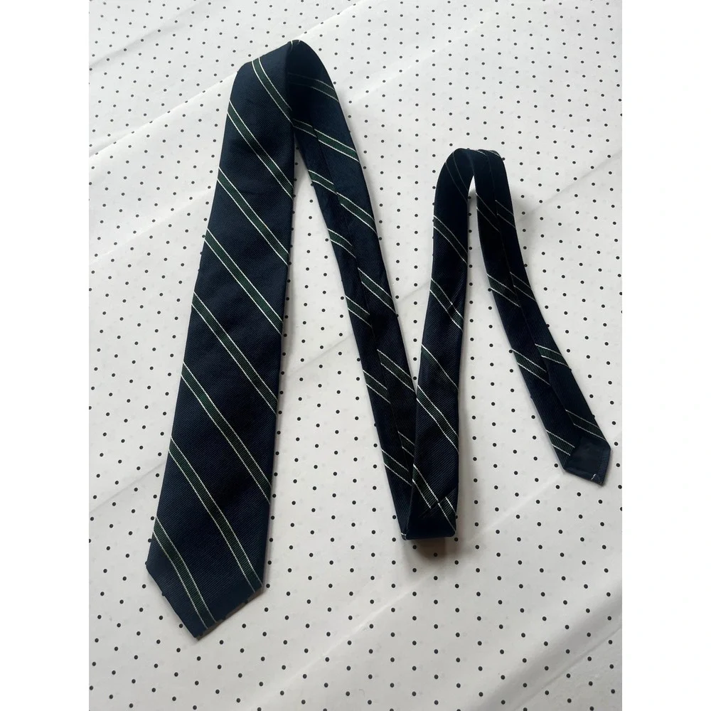Modern West Allis Mens Vintage Navy Blue Green Striped Rep Silk Blend Necktie